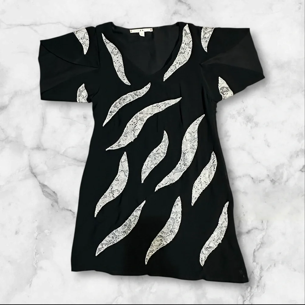 Black Cream Snakeskin Print Sheer Mini Dress Flutter Sleeve Party Boho